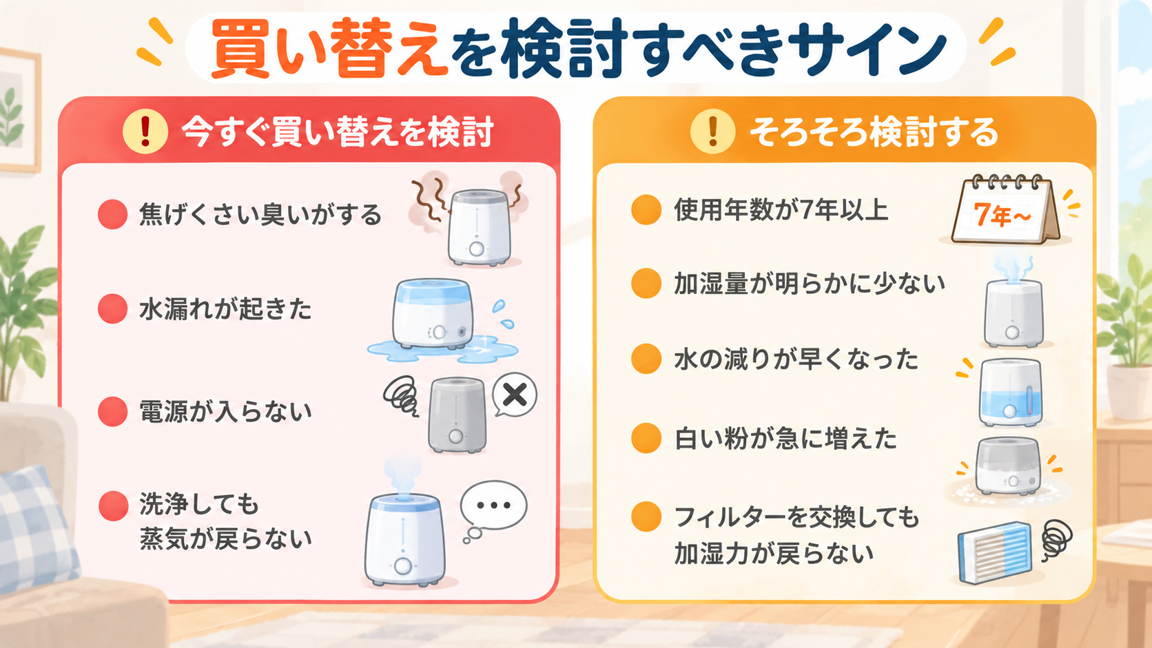 加湿器の買い替えサインチェックリスト｜今すぐ買い替えるべき症状とそろそろ検討する症状